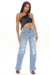 Don't Give A Slit Ripped Straight Leg Jeans - Medium Blue Wash Ins Street